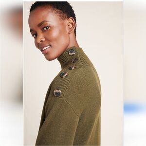 Anthropologie Margarita Mock Neck Tunic Sweater Large Green Shoulder Button